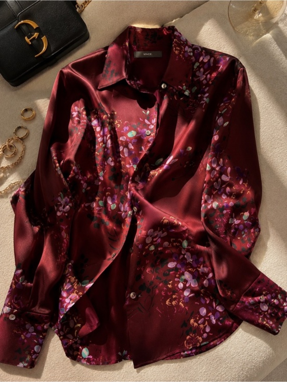 Vince 100% Silk Burgundy Floral Blouse | Quiet Luxury